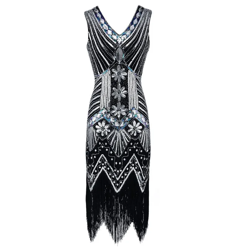 1920s vintage premium sequins beaded sleeves evening gowns | Tassels dress costume dress