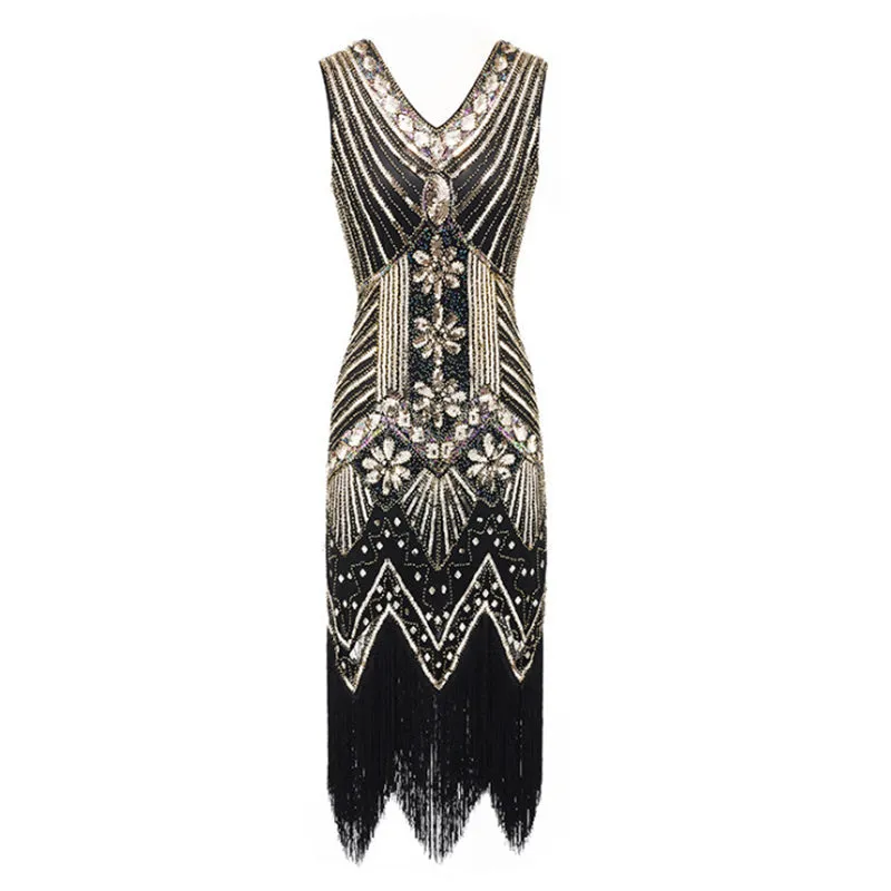 1920s vintage premium sequins beaded sleeves evening gowns | Tassels dress costume dress