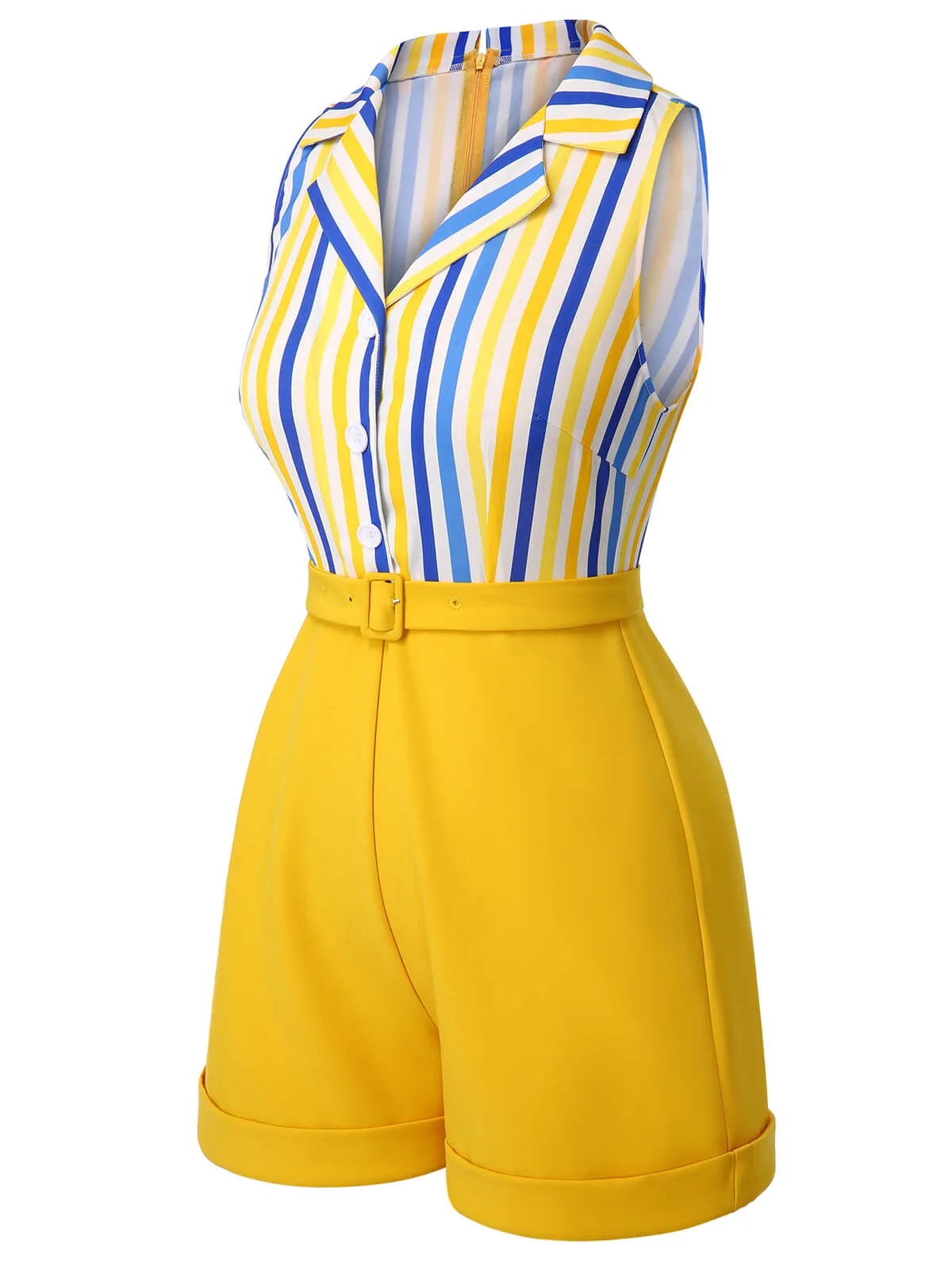 1950s Yellow White Blue Striped Lapel Romper