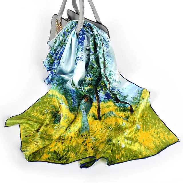 90*90CM 100% Real Silk Square Scarf  Van Gogh Classic Oil Paiting Scarf Starry Night and More