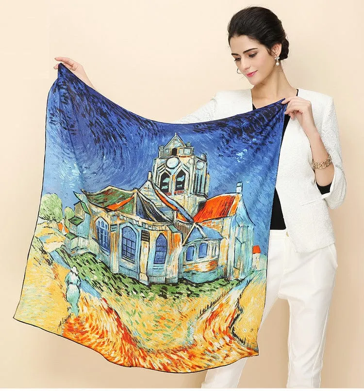 90*90CM 100% Real Silk Square Scarf  Van Gogh Classic Oil Paiting Scarf Starry Night and More