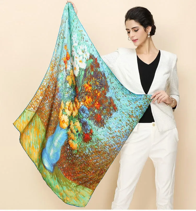 90*90CM 100% Real Silk Square Scarf  Van Gogh Classic Oil Paiting Scarf Starry Night and More