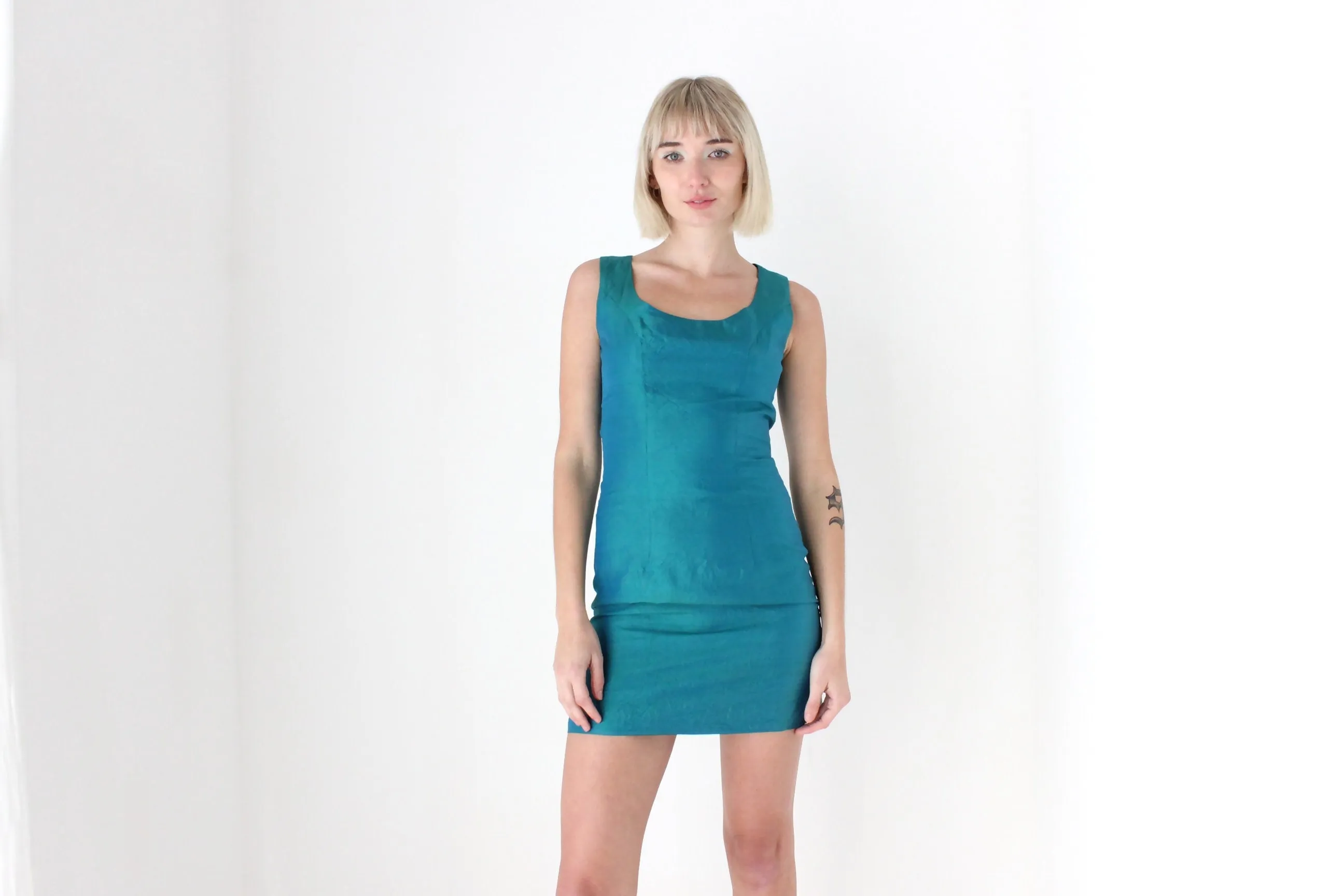 90s Iridescent Silk Scoop Neck Holographic Mini Bandage Bodycon Dress