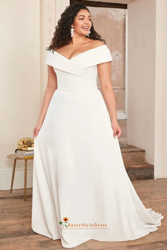 A line Off Shoulder Sleeve Plus Size Wedding Dress