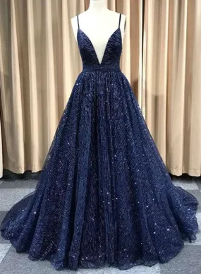 A Line V Neck Navy Blue Shiny Long Prom Dresses, Charming Blue Tulle Party Dress Evening Dress