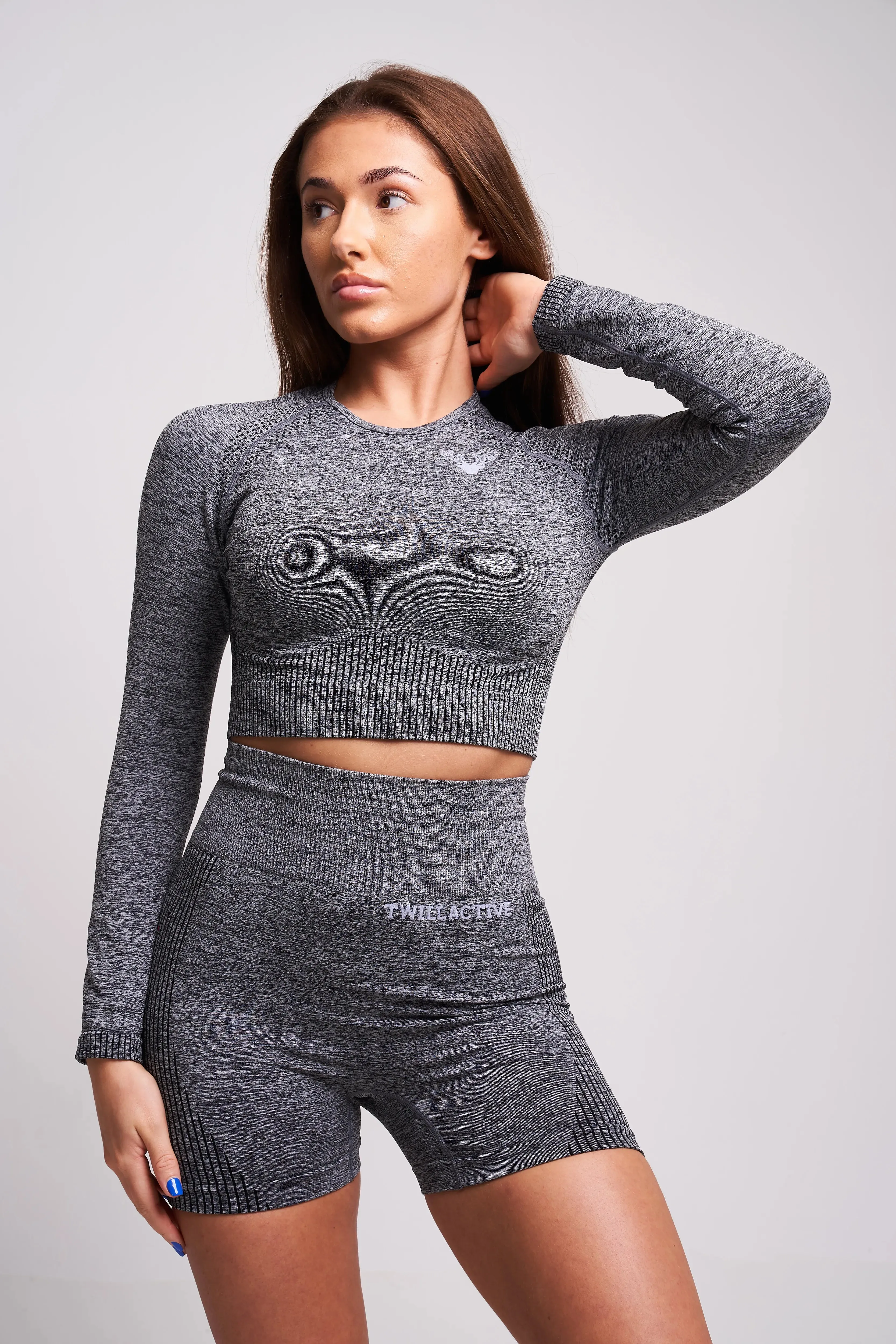 Acelle Recycled Long Sleeve Crop Top – Grey Marl