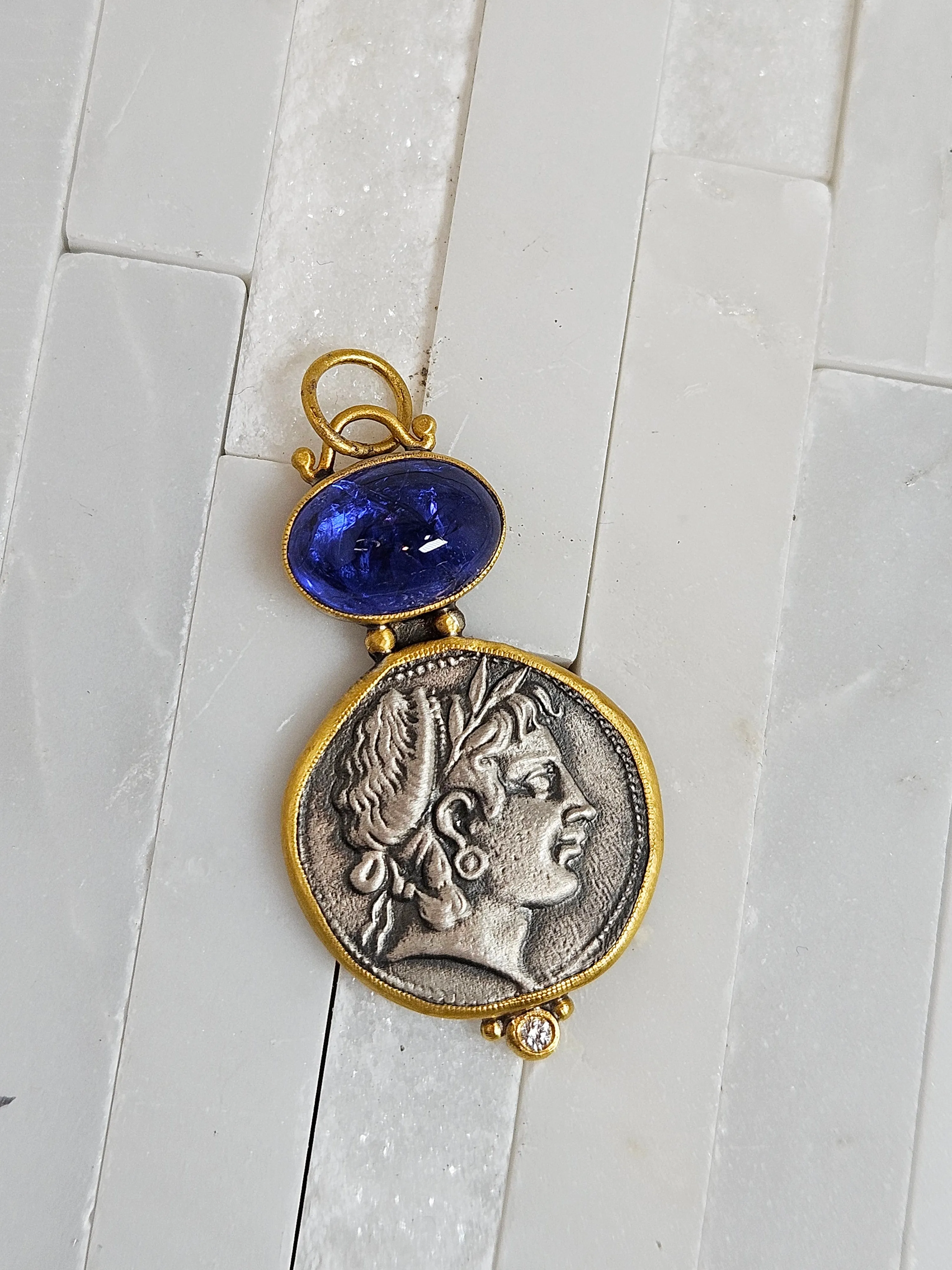 Ancient Coin Replica Nymph Deity Tanzanite Gemstone Cabochon Pendant in Sterling Silver 24K Yellow Gold Pendant