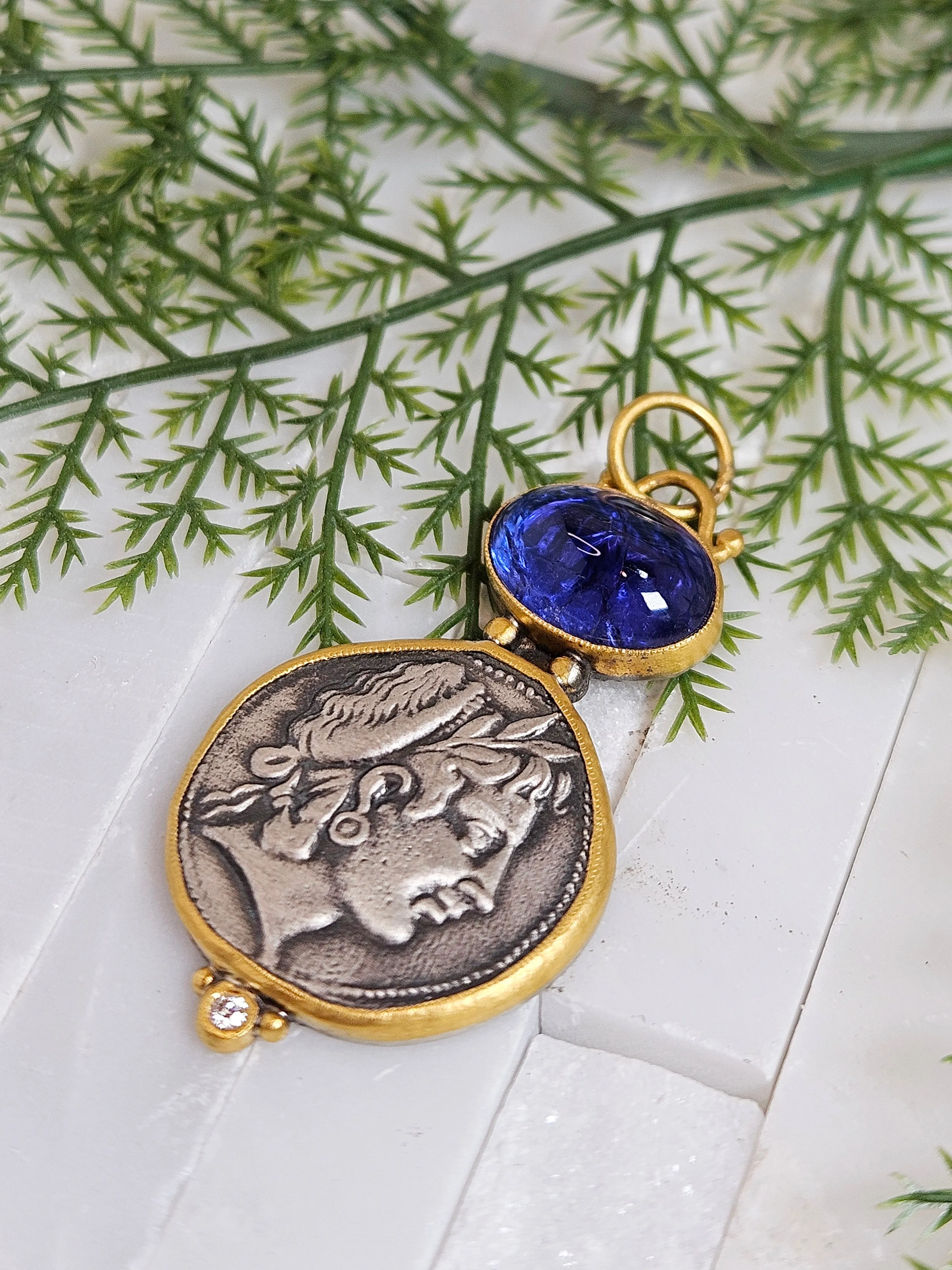 Ancient Coin Replica Nymph Deity Tanzanite Gemstone Cabochon Pendant in Sterling Silver 24K Yellow Gold Pendant