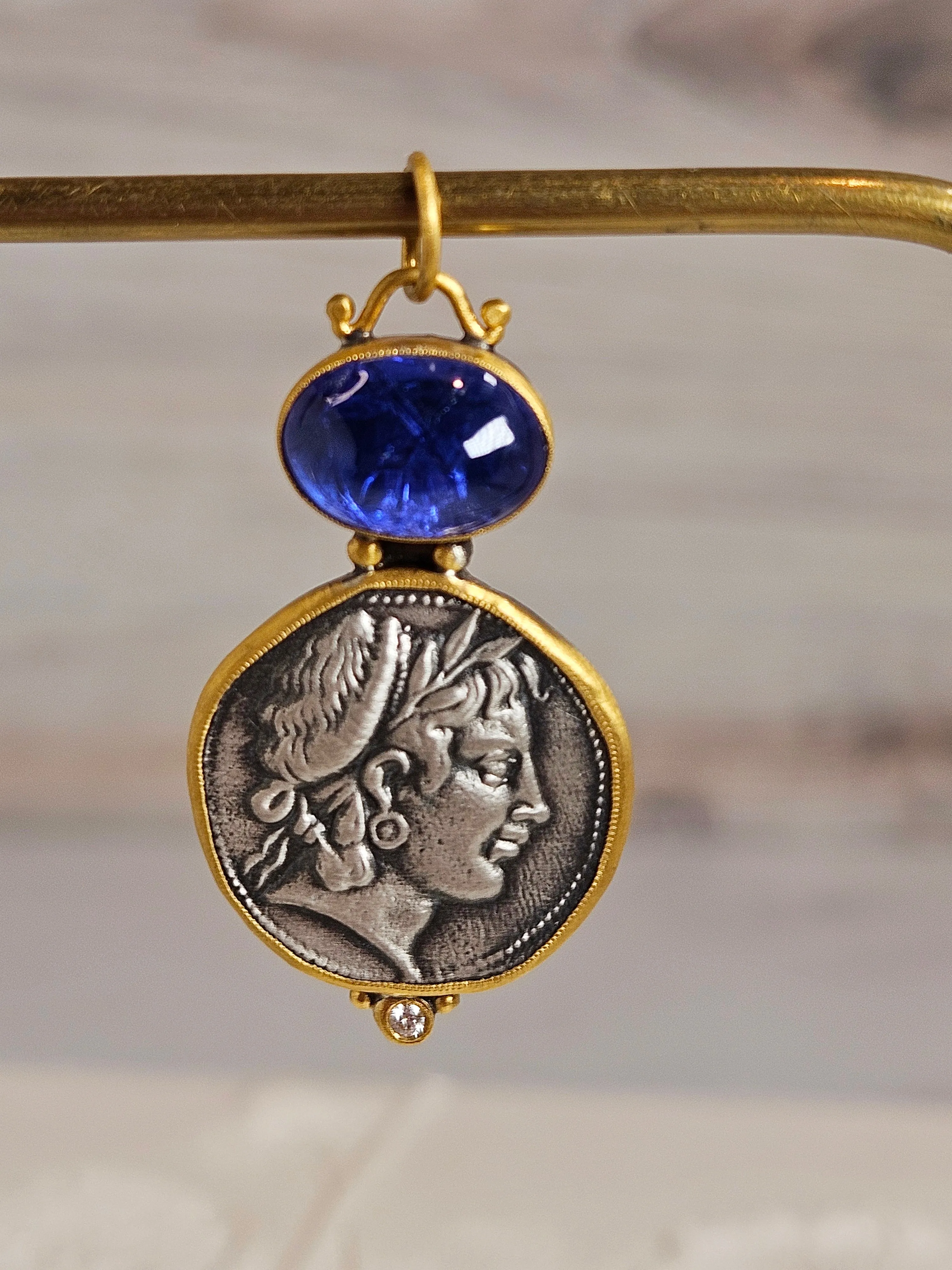 Ancient Coin Replica Nymph Deity Tanzanite Gemstone Cabochon Pendant in Sterling Silver 24K Yellow Gold Pendant