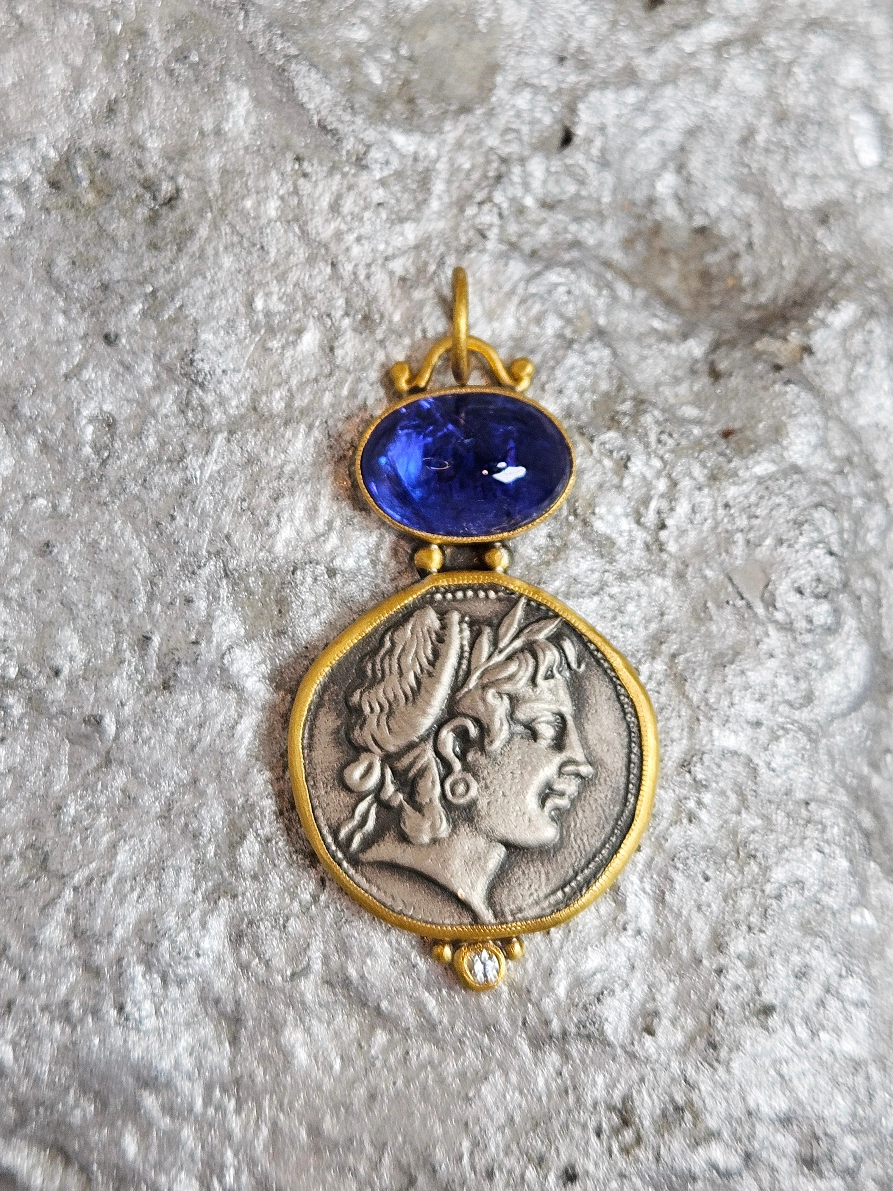 Ancient Coin Replica Nymph Deity Tanzanite Gemstone Cabochon Pendant in Sterling Silver 24K Yellow Gold Pendant