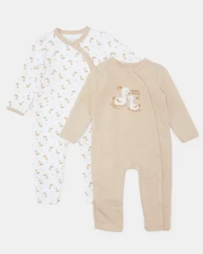 Baby White And Beige Printed Romper Set (Pack of 2)