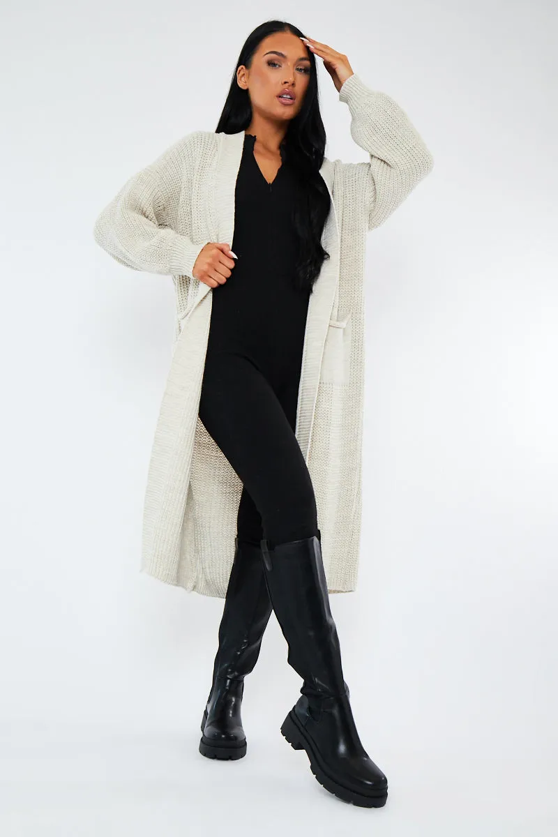 Beige Longline Relaxed Fit Front Pockets Cardigan - Leah