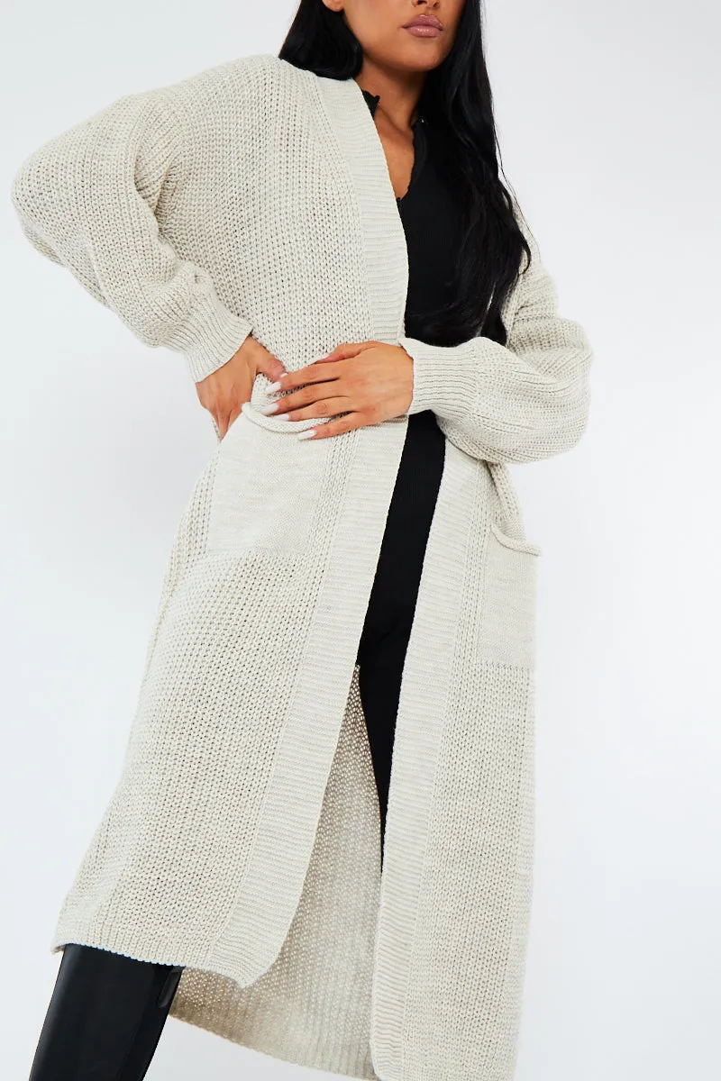 Beige Longline Relaxed Fit Front Pockets Cardigan - Leah