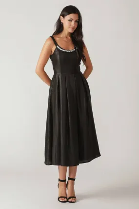 Black Pearl Embellished Round Neck Midi