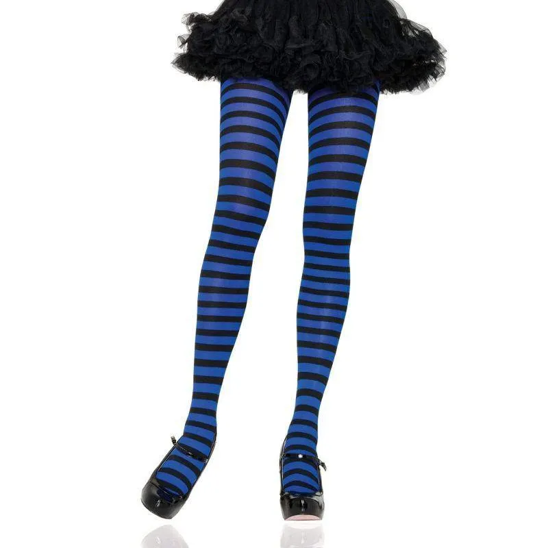 Black/Royal Blue Nylon Stripe Tights - OS