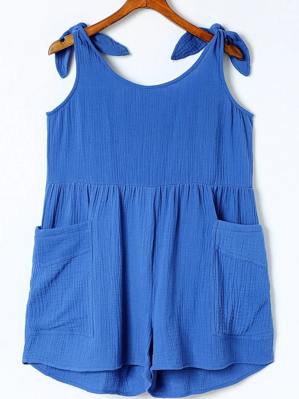 Blue Bow Detail High Waist Linen Romper