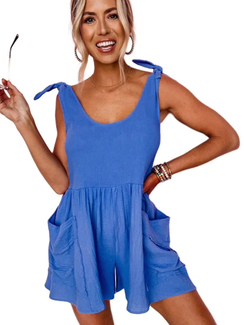 Blue Bow Detail High Waist Linen Romper