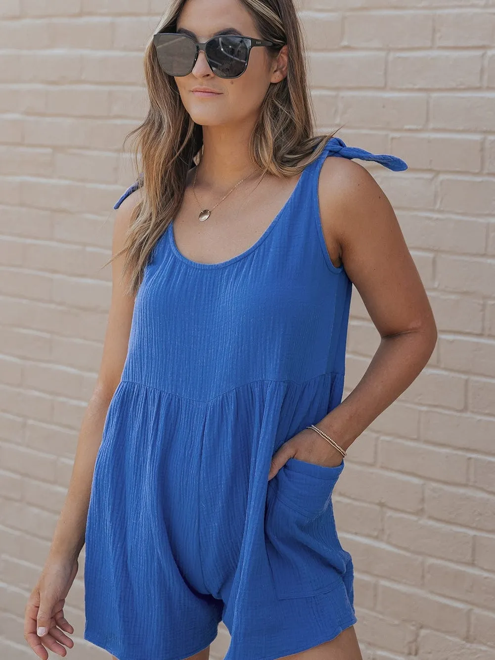 Blue Bow Detail High Waist Linen Romper