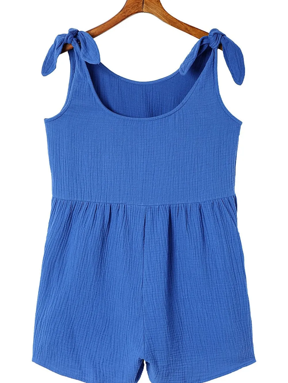 Blue Bow Detail High Waist Linen Romper