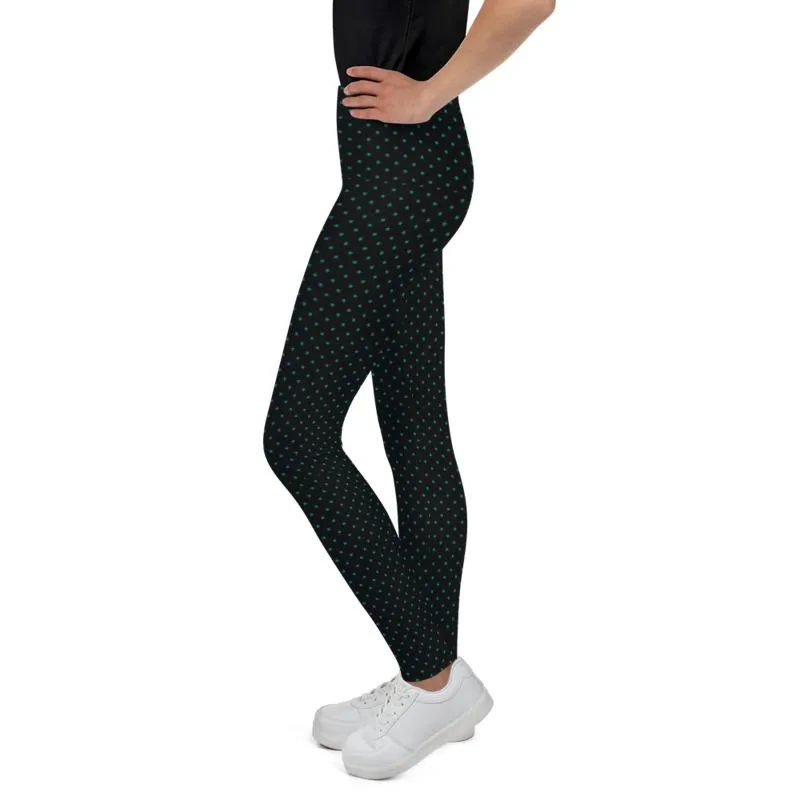 Blue Dots Print Youth Leggings, Polka Dots 38-40 UPF Unisex Long Tights- Made in USA/ EU