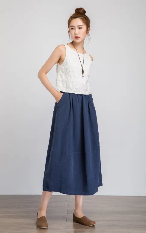 blue midi skirt, midi linen skirt, blue skirt, summer skirt, womens skirt 1925#