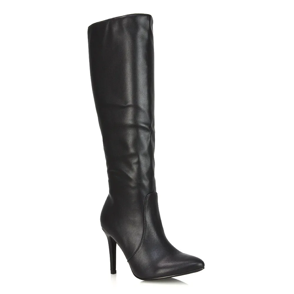 Bree Pointed Toe Zip-up Stiletto Heel Knee High Boots in Brown Synthetic Leather