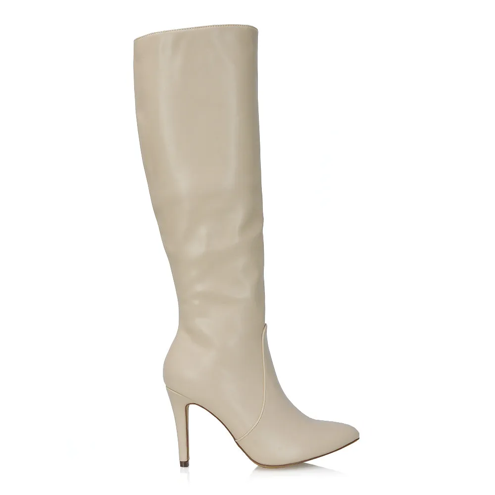 Bree Pointed Toe Zip-up Stiletto Heel Knee High Boots in Brown Synthetic Leather