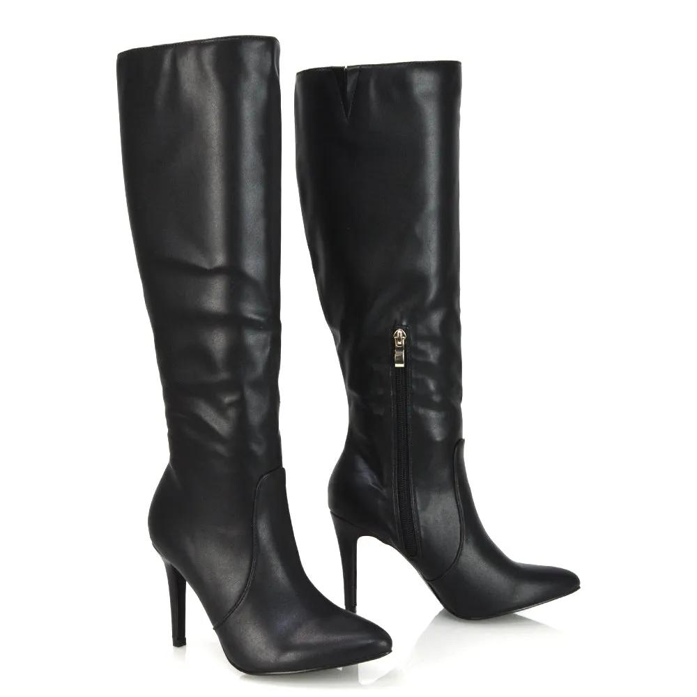 Bree Pointed Toe Zip-up Stiletto Heel Knee High Boots in Brown Synthetic Leather