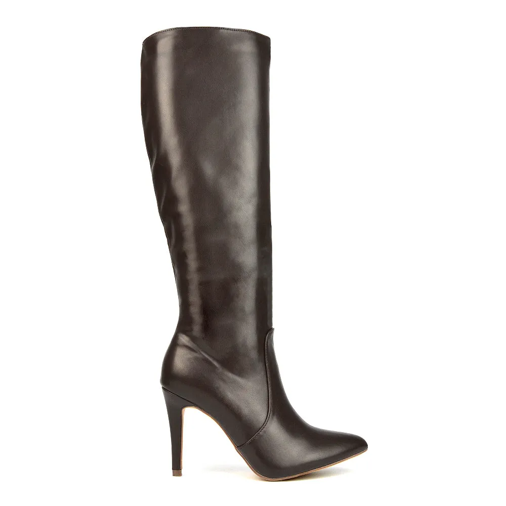 Bree Pointed Toe Zip-up Stiletto Heel Knee High Boots in Brown Synthetic Leather