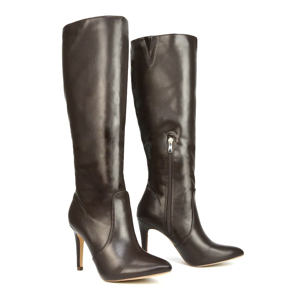 Bree Pointed Toe Zip-up Stiletto Heel Knee High Boots in Brown Synthetic Leather