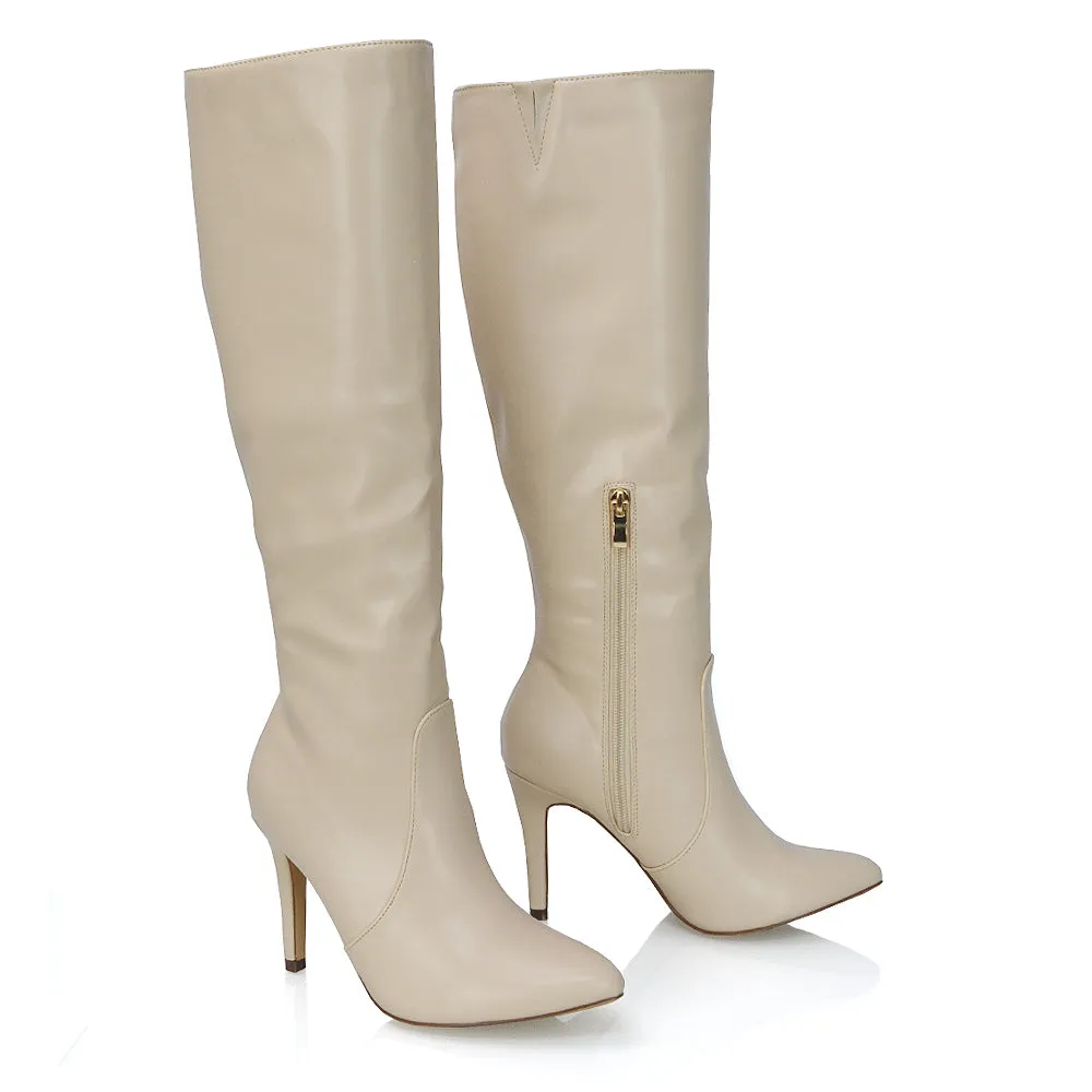 Bree Pointed Toe Zip-up Stiletto Heel Knee High Boots in Brown Synthetic Leather