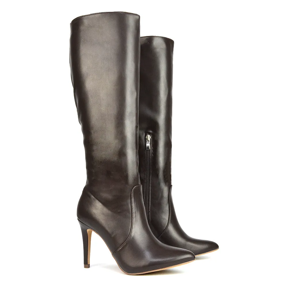 Bree Pointed Toe Zip-up Stiletto Heel Knee High Boots in Brown Synthetic Leather