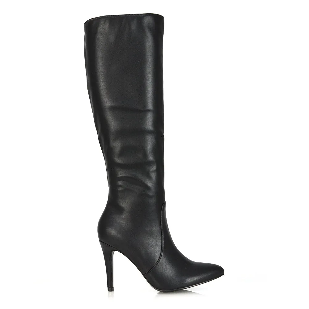 Bree Pointed Toe Zip-up Stiletto Heel Knee High Boots in Brown Synthetic Leather