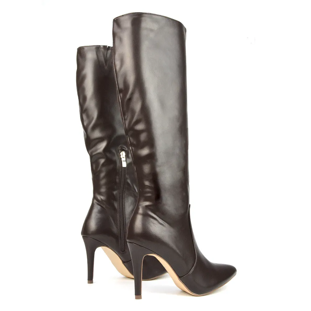 Bree Pointed Toe Zip-up Stiletto Heel Knee High Boots in Brown Synthetic Leather