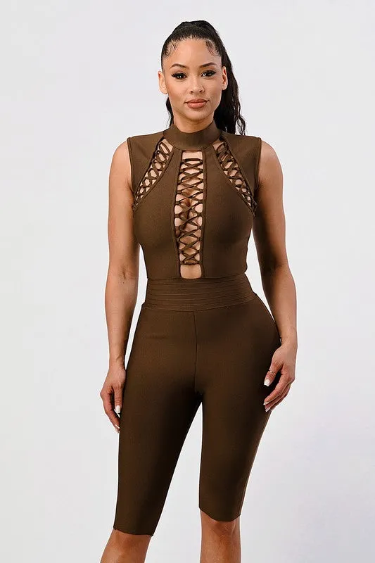 Brown Criss Coss Cut-Out Midi Length Romper