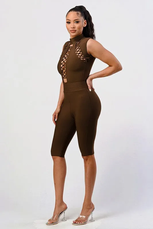 Brown Criss Coss Cut-Out Midi Length Romper