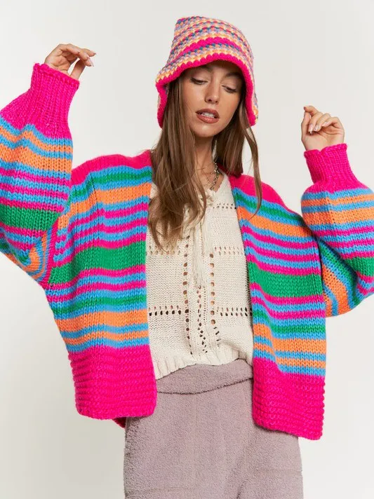 Cardi-Fabulous Multi-Striped Chunky Knit Open Cardigan