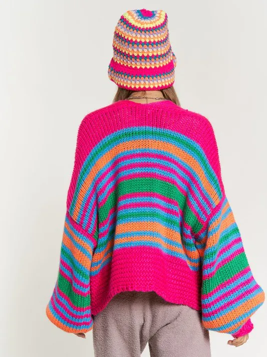 Cardi-Fabulous Multi-Striped Chunky Knit Open Cardigan