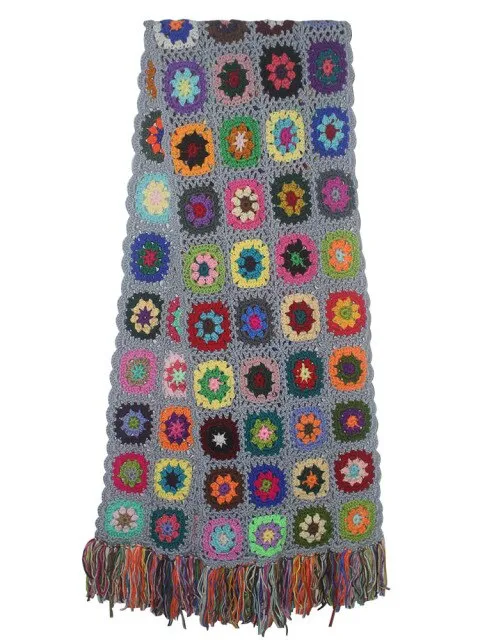 Carnaby Granny Square Scarf Handmade Crochet Winter Muffler Boho Fringed Super Soft Scarves Choose Black White Gray Four Row Or Three Row