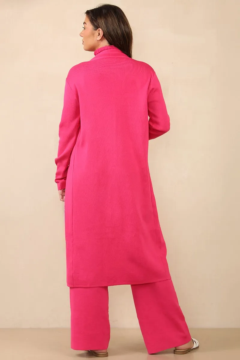 Casual Fuschia Turtle Neck Slim Tank & Wide Leg Trousers With Long Cardigan Three-Piece Set