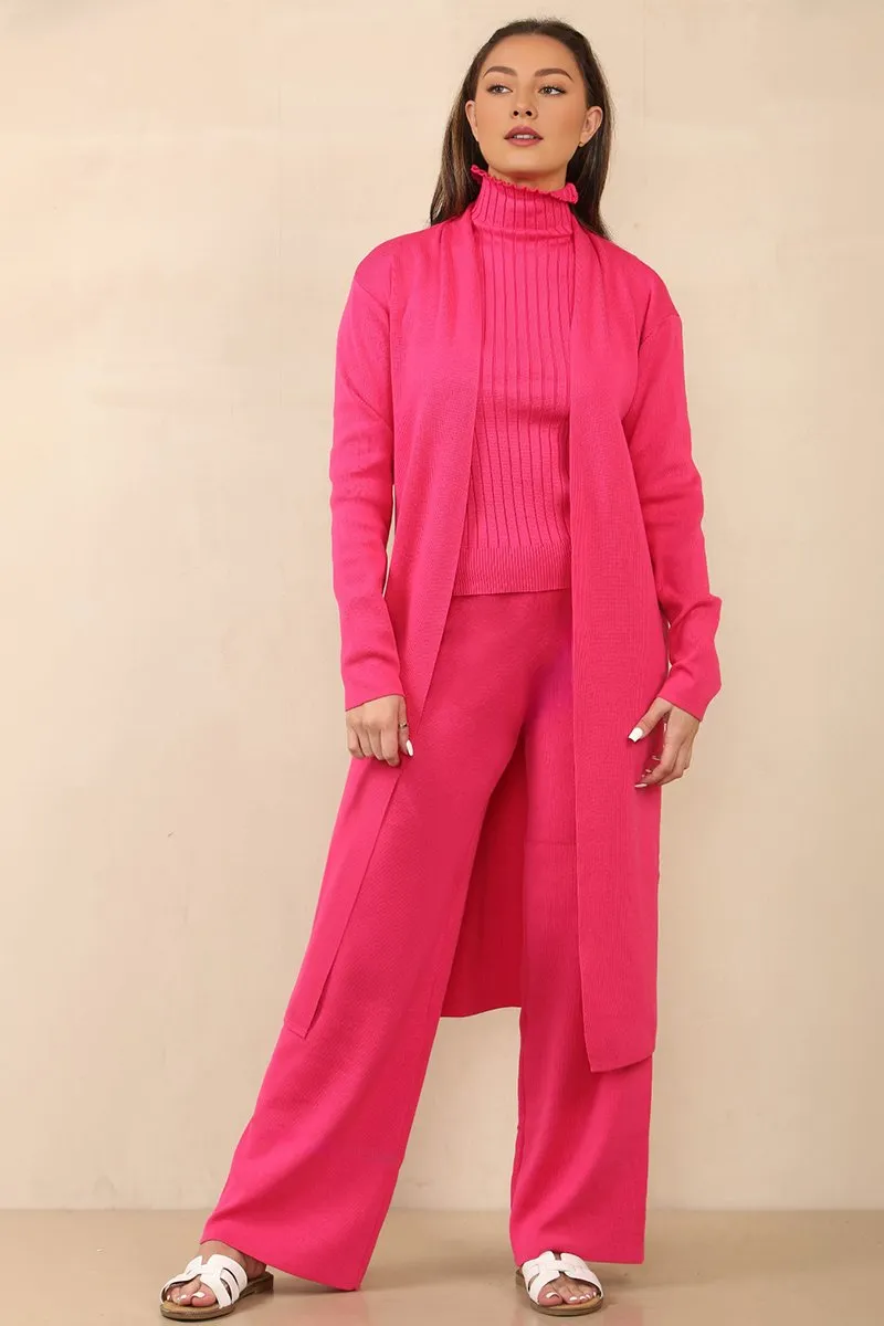 Casual Fuschia Turtle Neck Slim Tank & Wide Leg Trousers With Long Cardigan Three-Piece Set