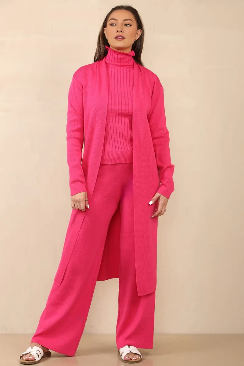 Casual Fuschia Turtle Neck Slim Tank & Wide Leg Trousers With Long Cardigan Three-Piece Set