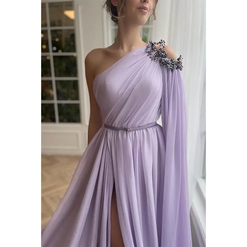 Chic One Shoulder Beads Boho Long Prom Formal Dress