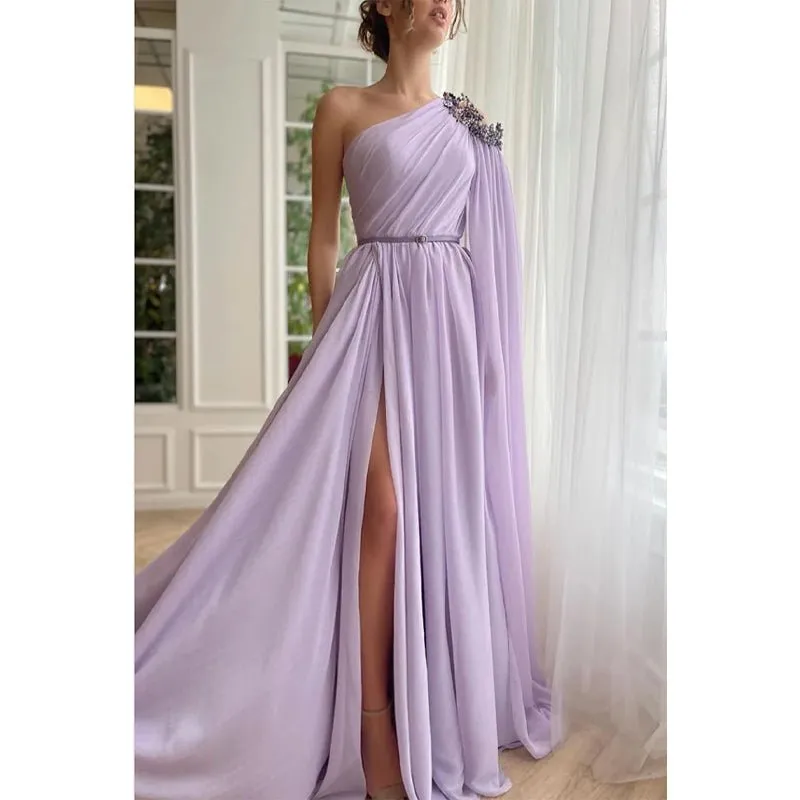 Chic One Shoulder Beads Boho Long Prom Formal Dress