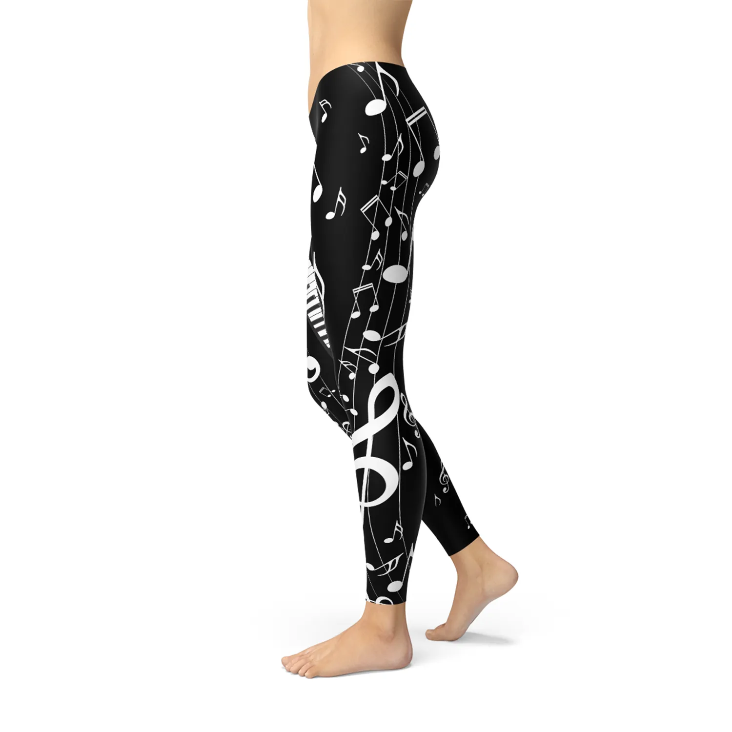 Chic Women's Black Leggings Featuring Musical Note Motif