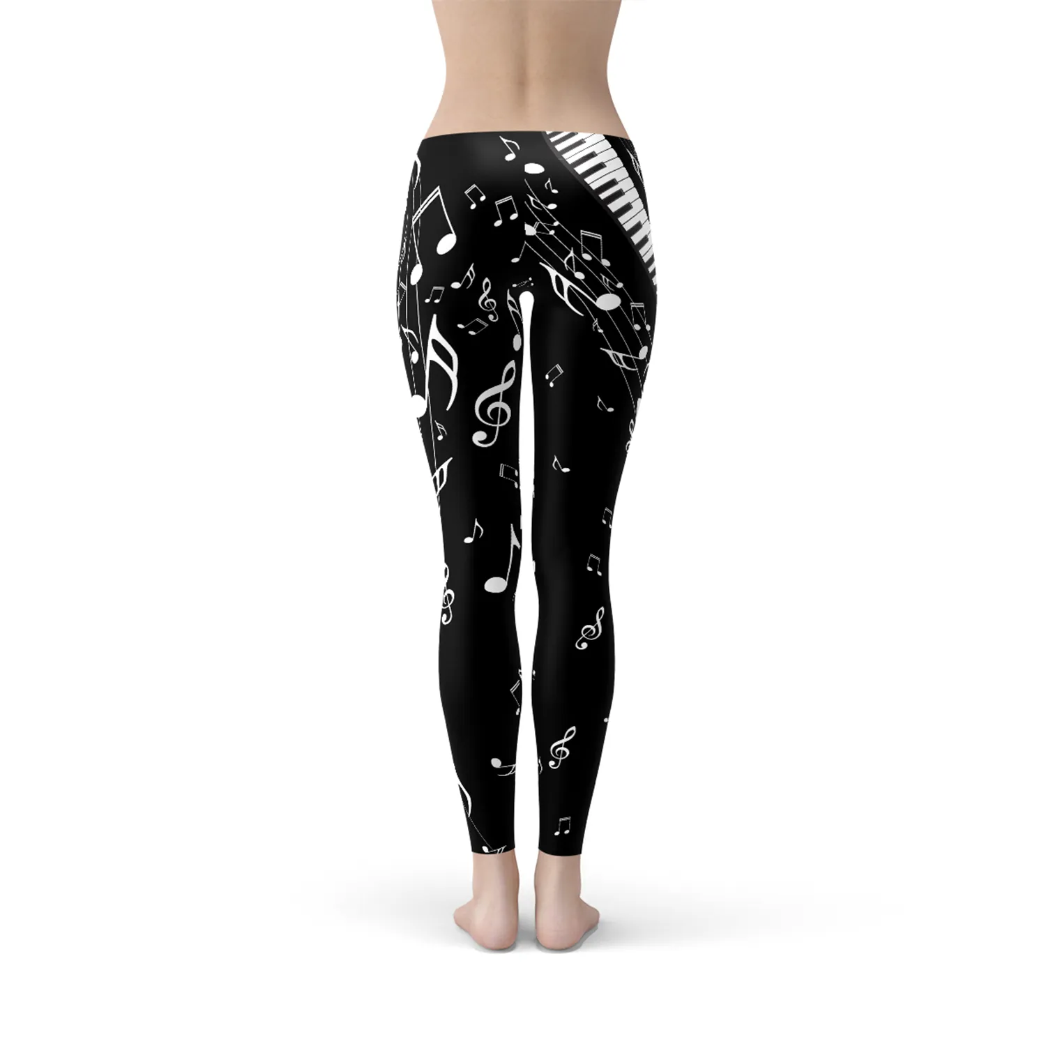 Chic Women's Black Leggings Featuring Musical Note Motif