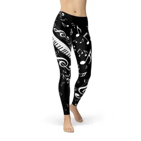 Chic Women's Black Leggings Featuring Musical Note Motif