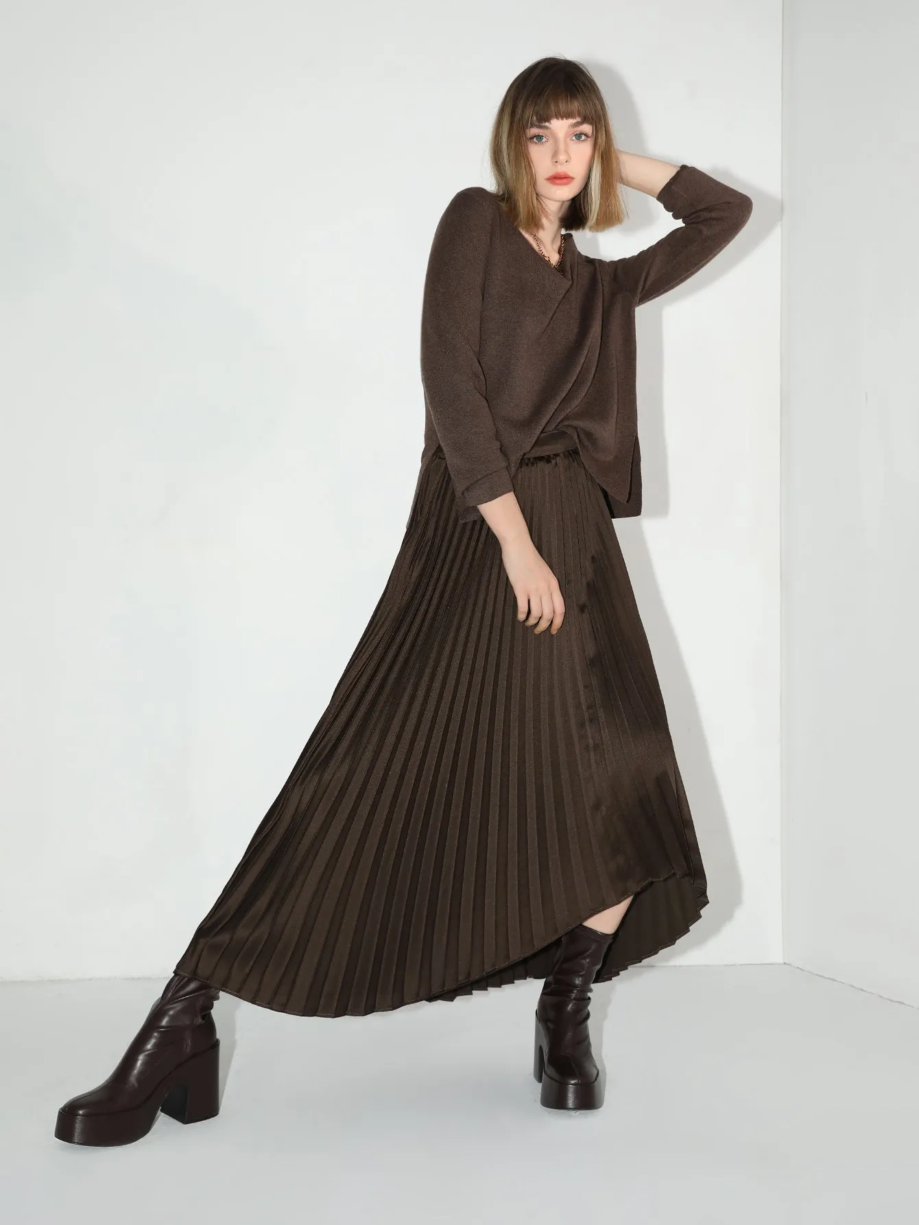 Chocolate Brown High-Low Asymmetric Pleated Midi Skirt