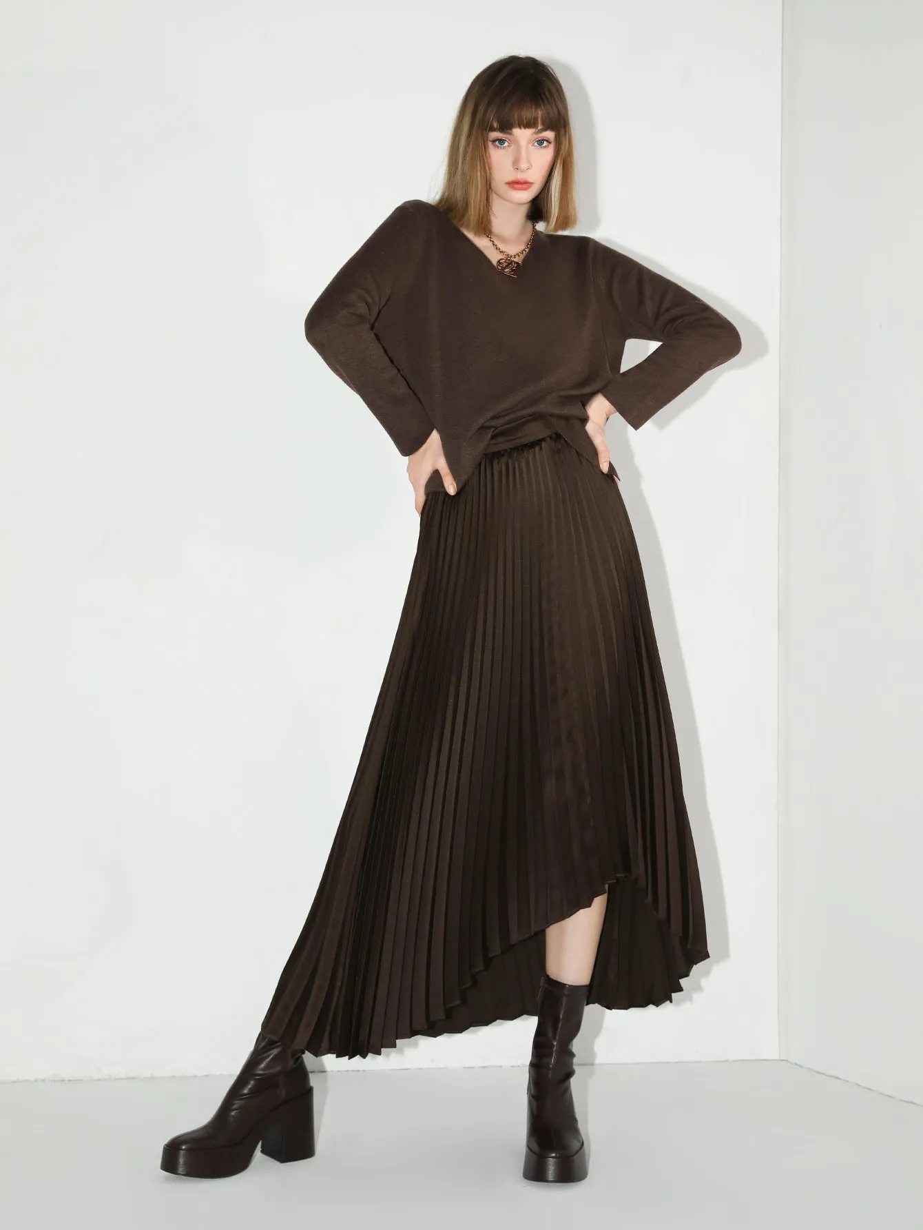 Chocolate Brown High-Low Asymmetric Pleated Midi Skirt