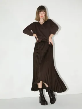 Chocolate Brown High-Low Asymmetric Pleated Midi Skirt